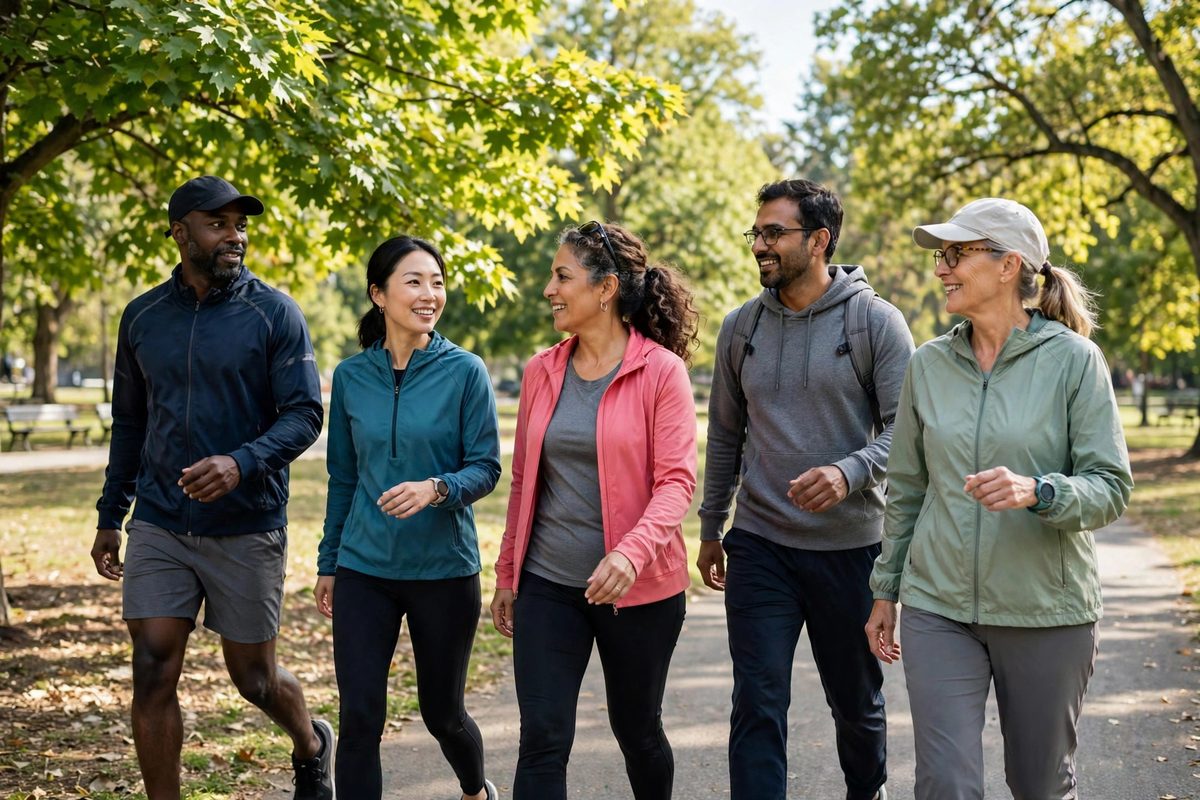 Adults brisk walking together in a sunny park, an active lifestyle that supports healthy blood sugar and A1C levels