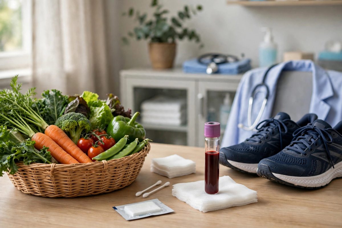 Doctor's office scene with a blood test vial beside fresh vegetables and running shoes, illustrating diabetes screening and a healthy lifestyle