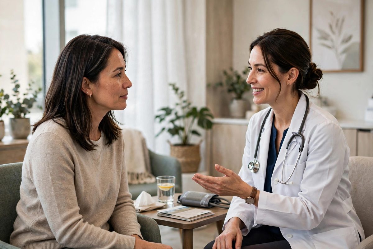 Woman discussing breast cancer screening and mammogram timing with her doctor