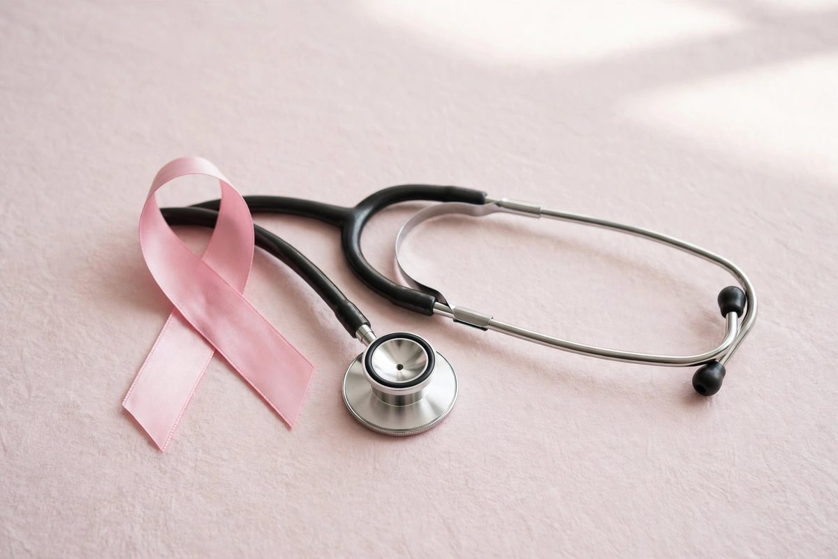 Pink ribbon for Breast Cancer Awareness Month beside a stethoscope