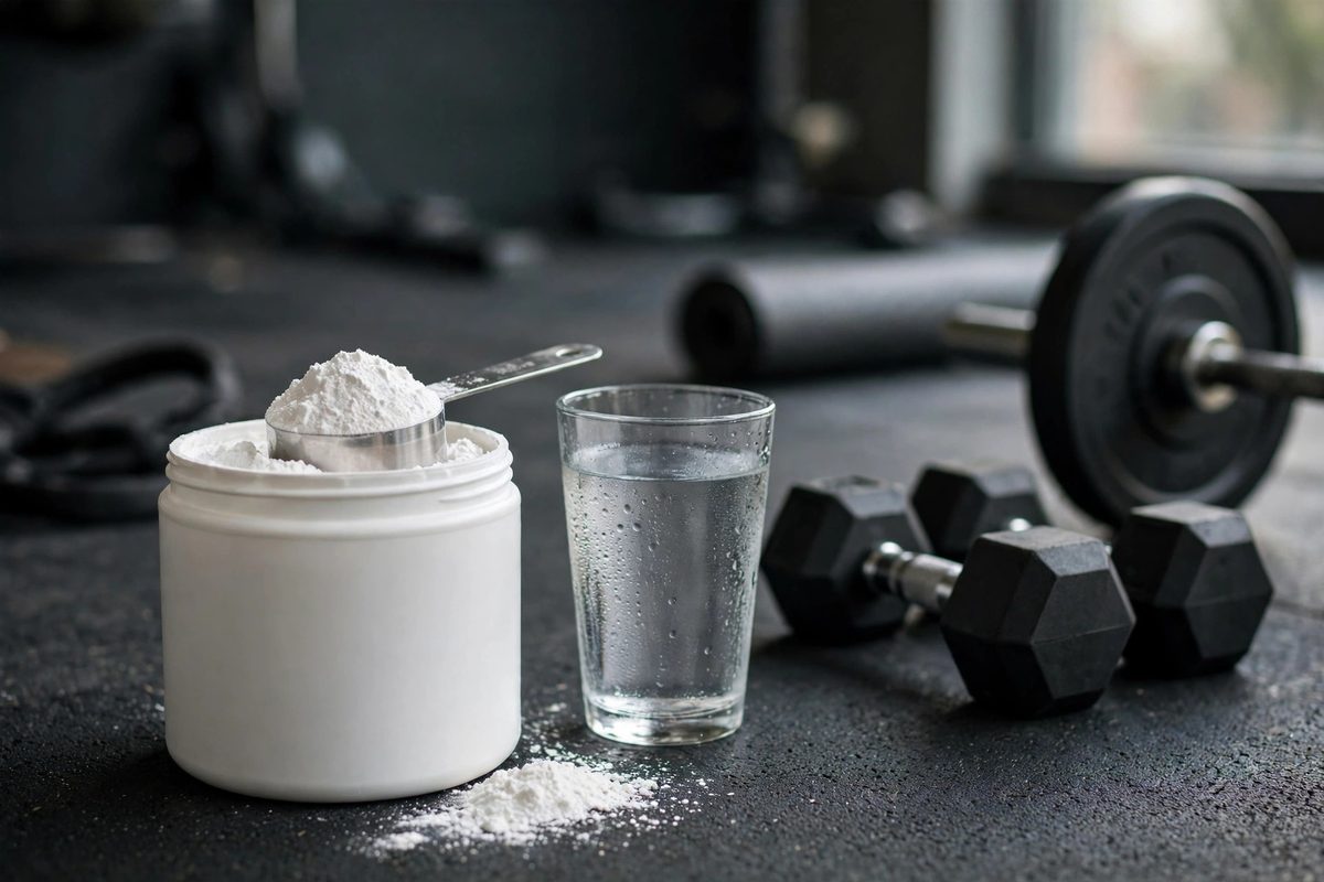Creatine powder, a scoop, and a glass of water beside gym equipment