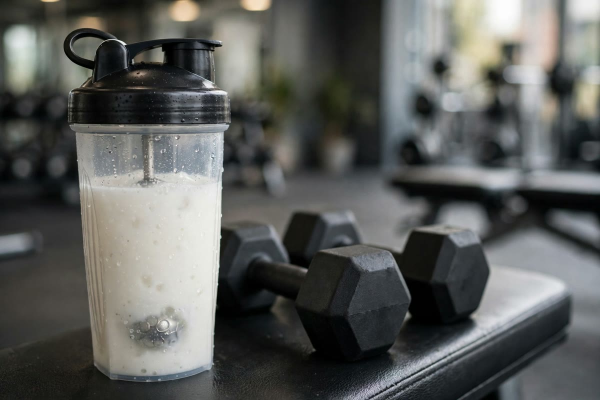 Shaker bottle with mixed creatine drink on a gym bench next to dumbbells