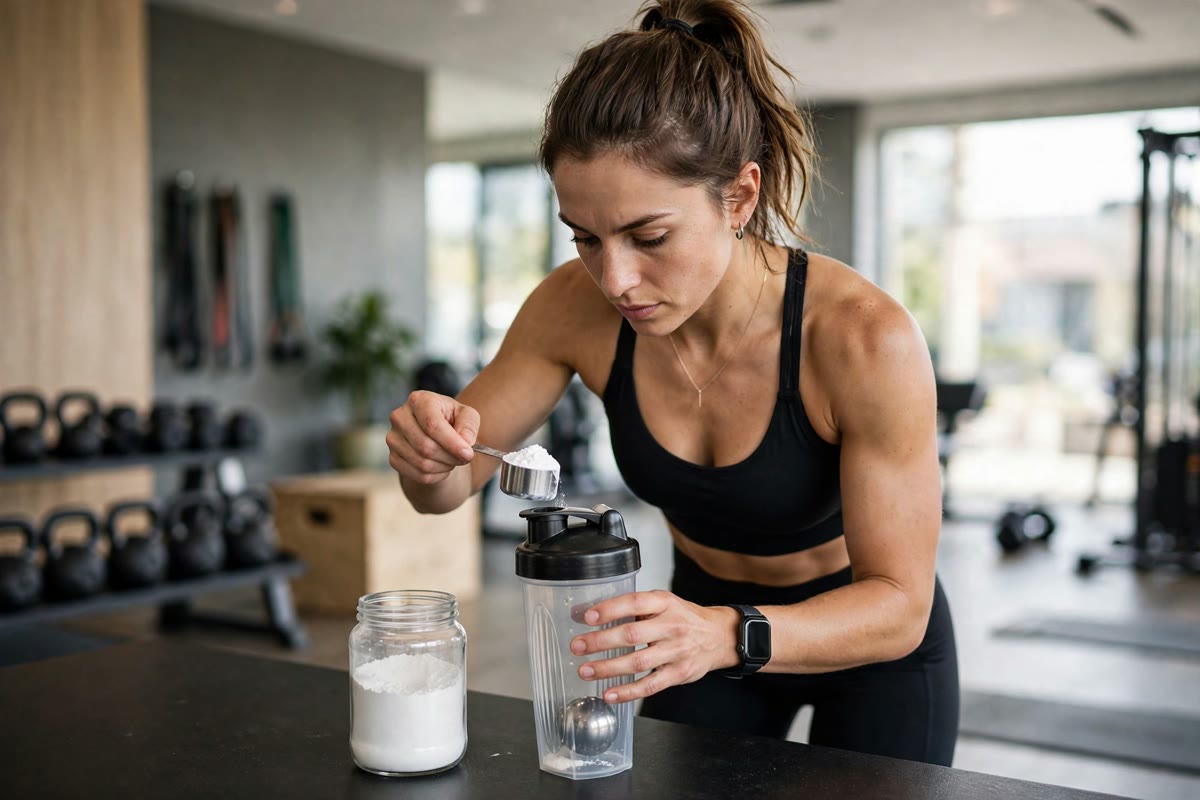 Athletic woman in a gym scooping creatine monohydrate powder into a shaker bottle
