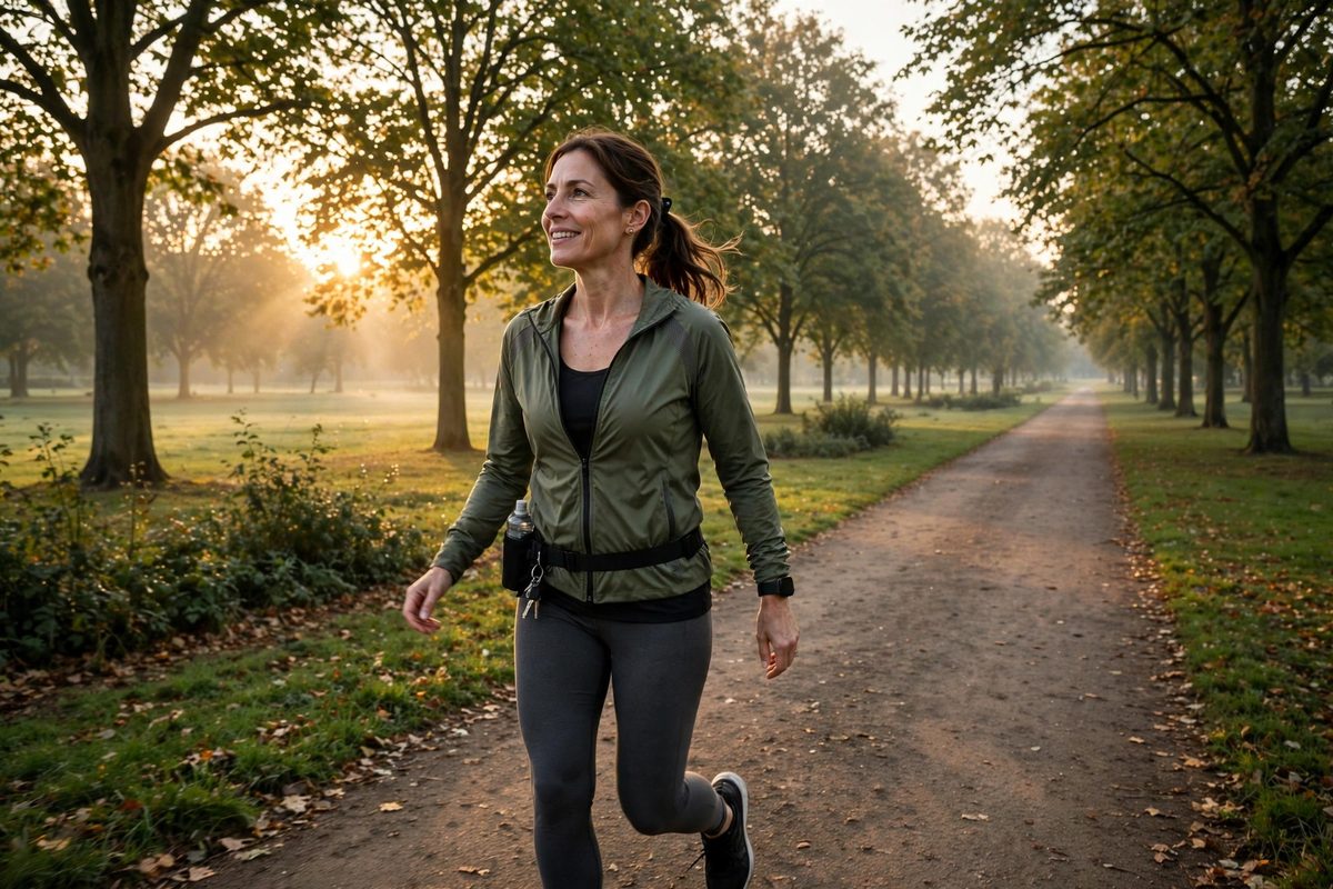 Woman walking briskly on a park path at sunrise - regular walking is linked to a lower risk of breast cancer