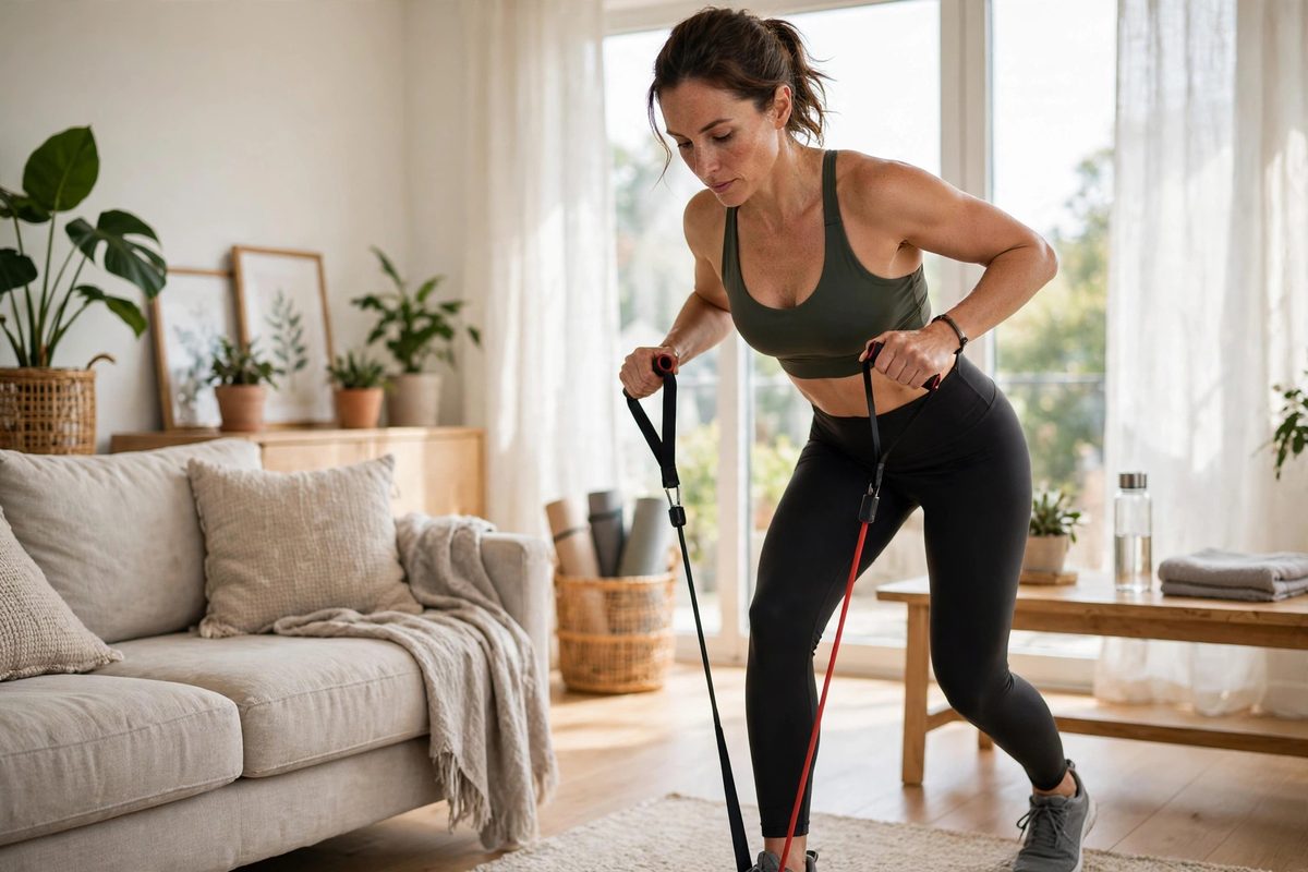 Woman doing resistance band exercises at home for blood sugar control
