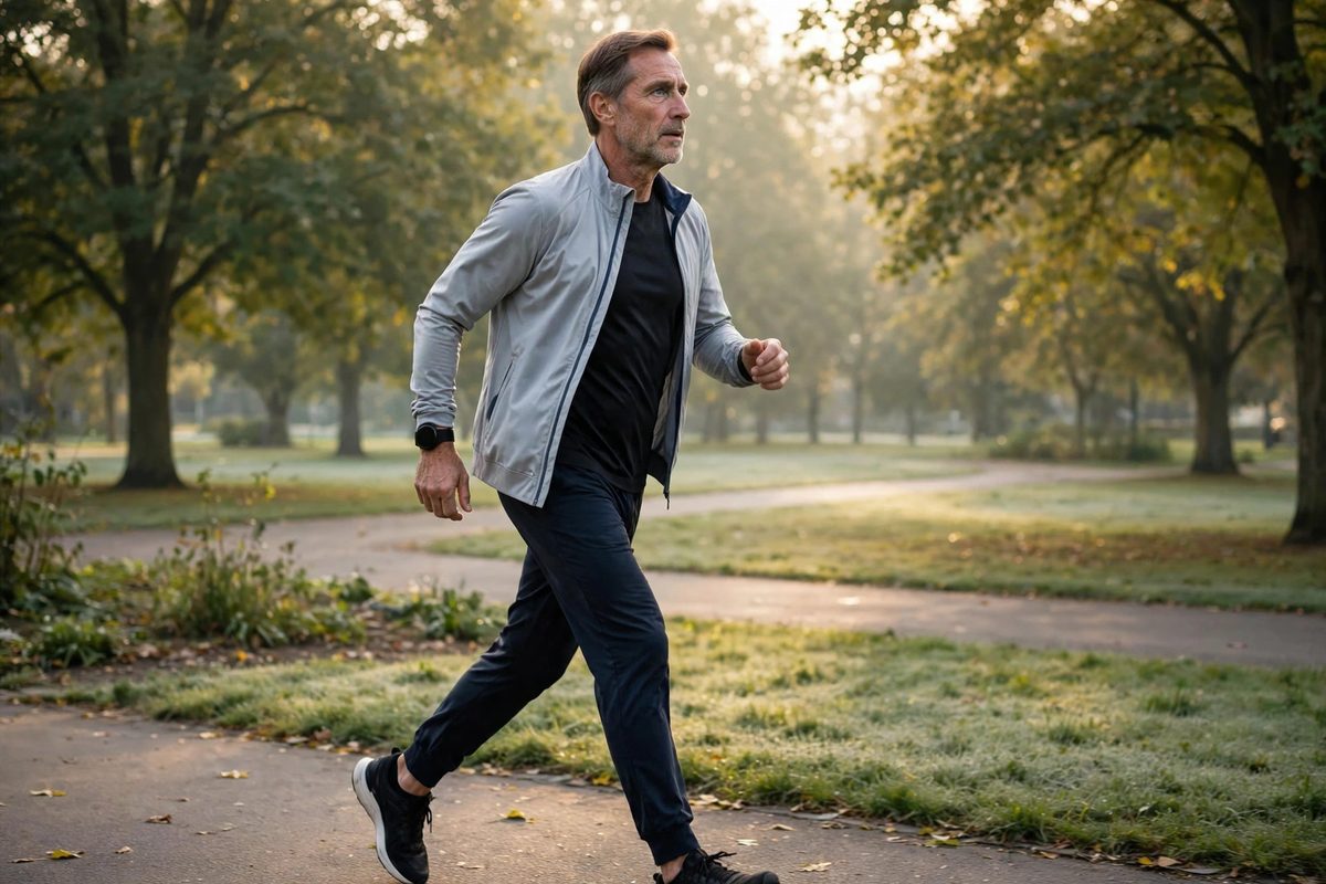 Man brisk walking outdoors for diabetes-friendly exercise in the morning light