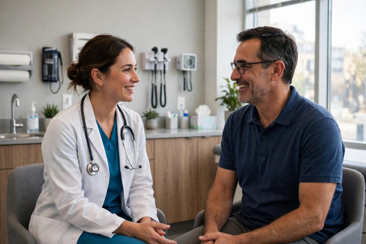 Doctor and patient discussing men's health screening in a checkup appointment