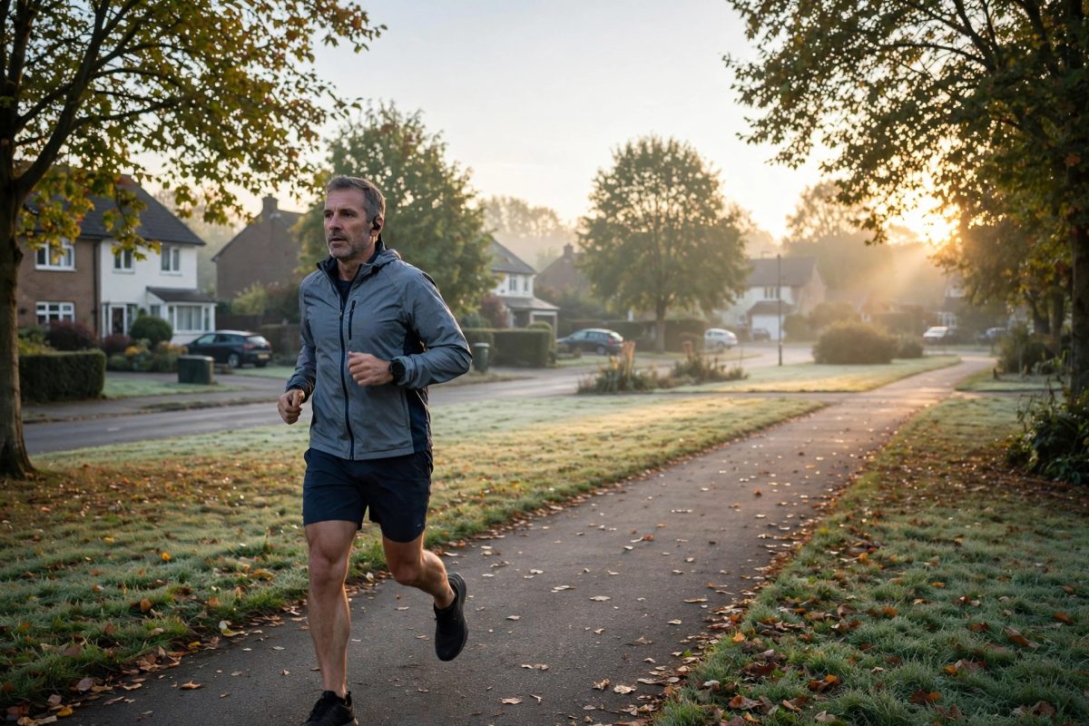 Middle-aged man jogging on a morning path for prostate and men's health