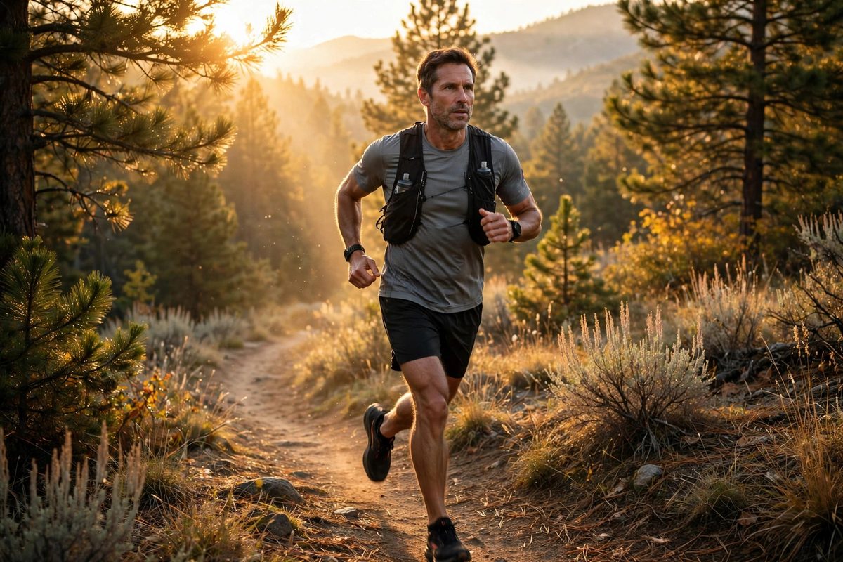Fit middle-aged runner jogging on a morning trail