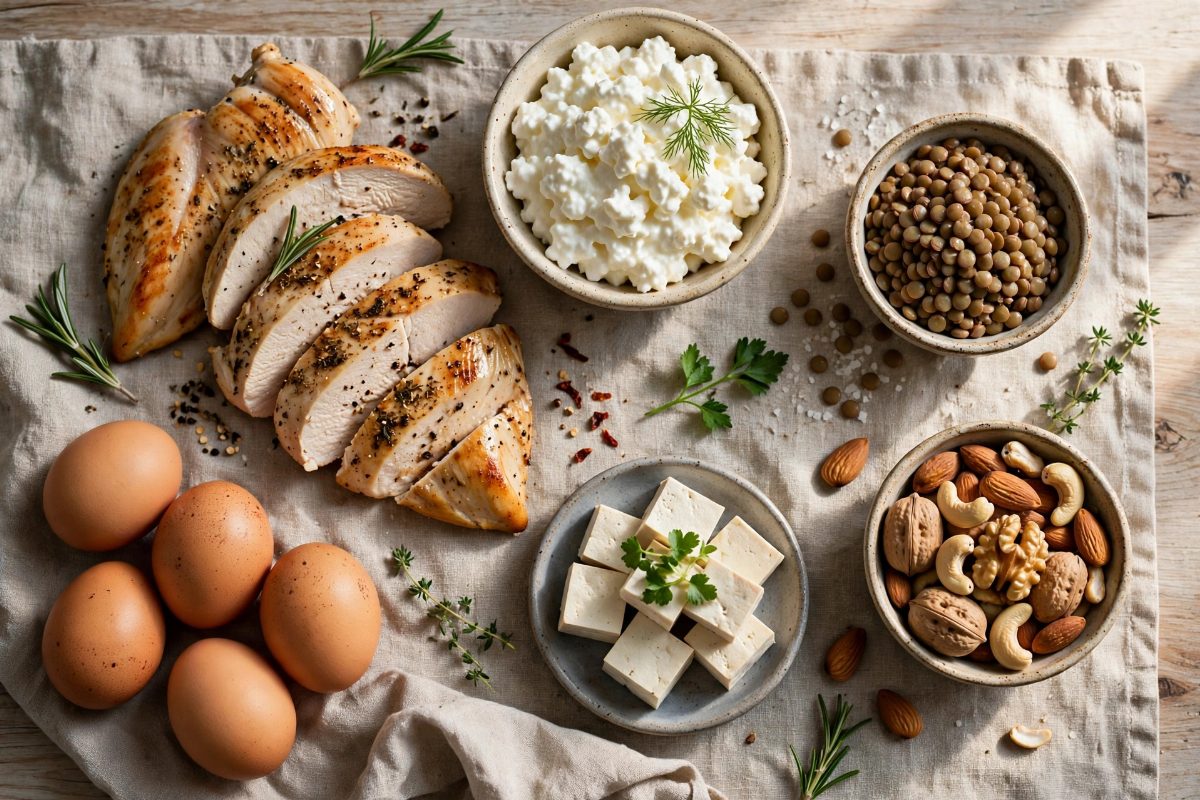 Protein foods flat lay with chicken breast, eggs, cottage cheese, lentils and tofu