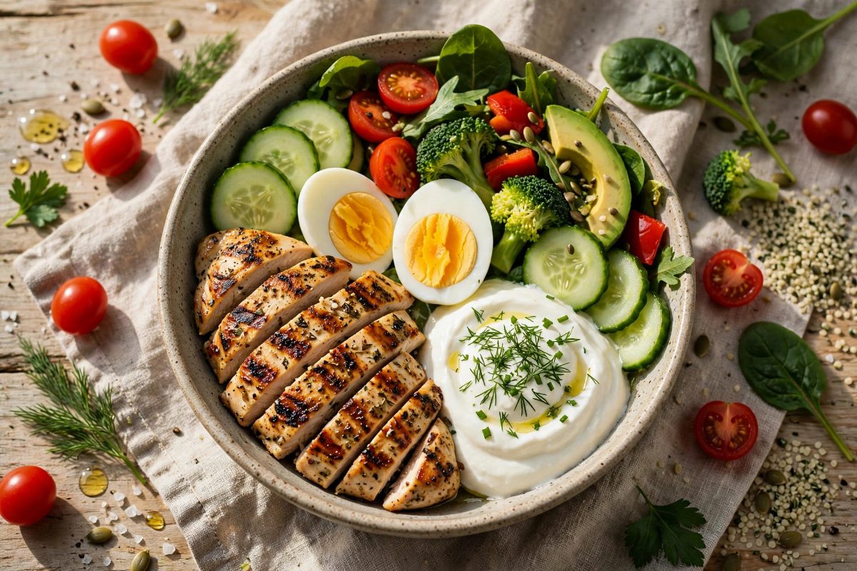High-protein meal bowl with grilled chicken, eggs and Greek yogurt