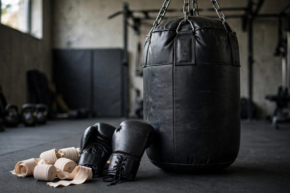 Boxing gloves and hand wraps laid out beside a heavy bag