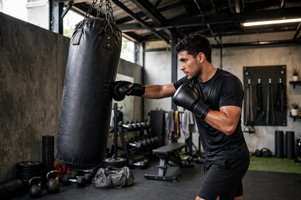 Boxer training on a heavy bag in a gym wearing gloves