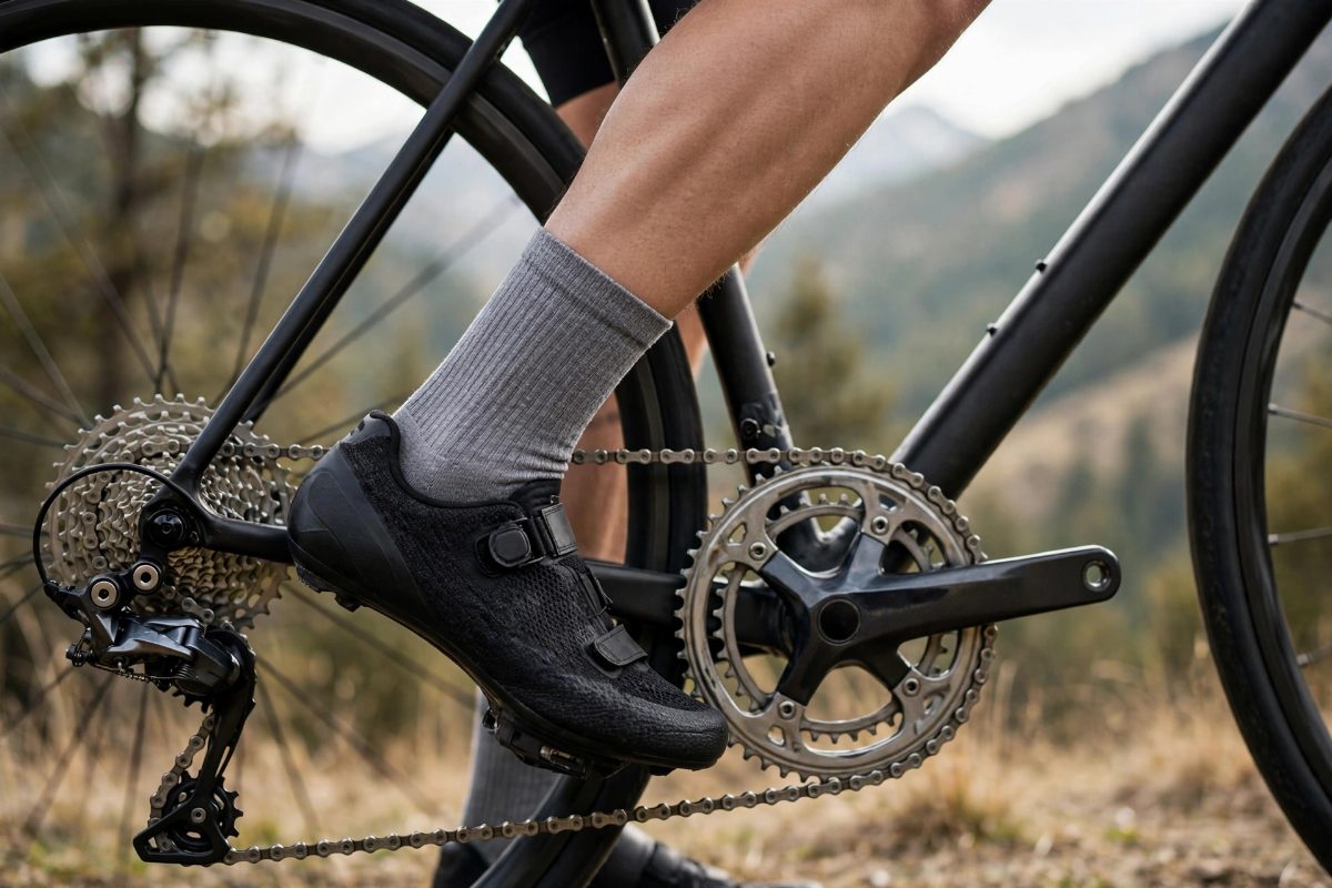 Close-up of a cyclist pedaling on a road bike
