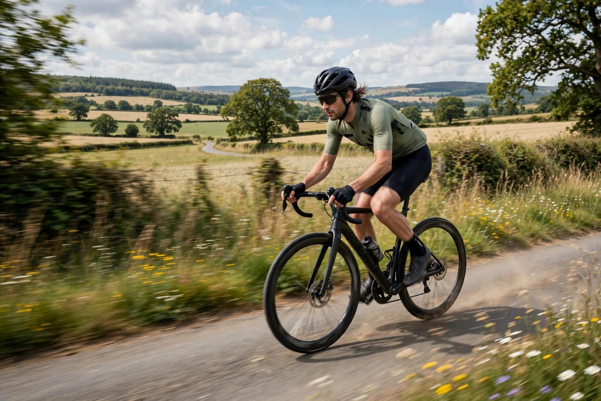 Cyclist riding a road bike on a country road