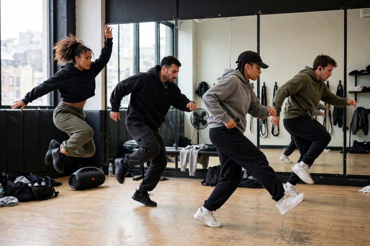 Dancers practicing hip-hop moves in a studio mirror room