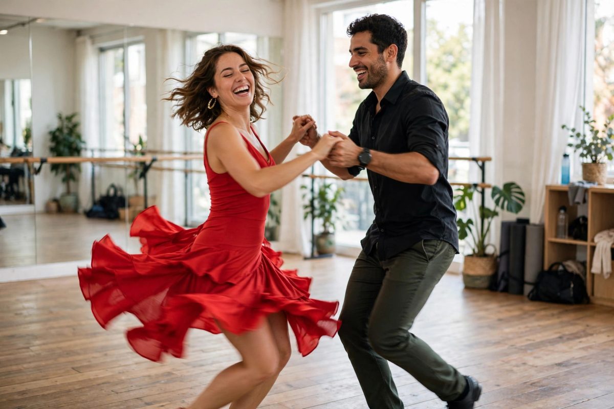 Couple dancing salsa in a bright studio class