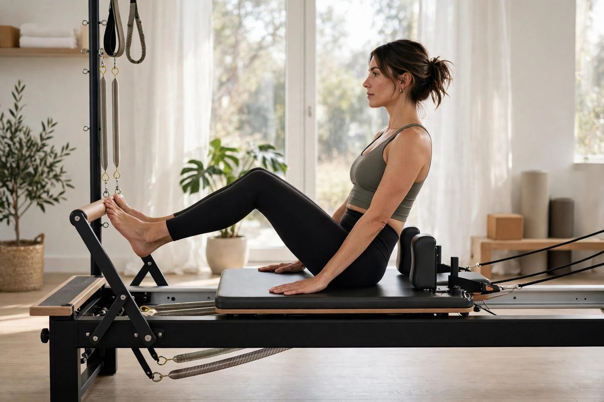 Woman performing a Pilates reformer exercise in a bright studio