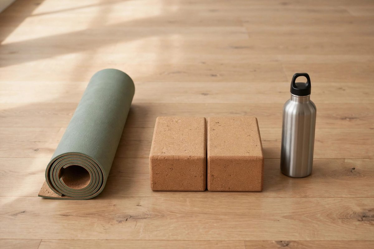 Close-up of yoga mat and blocks in a studio before a hot yoga class