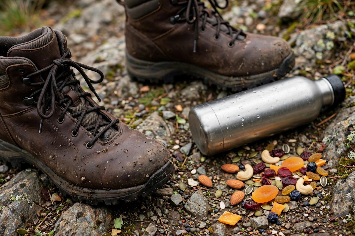 Hiking boots on a rocky trail with water bottle and snacks