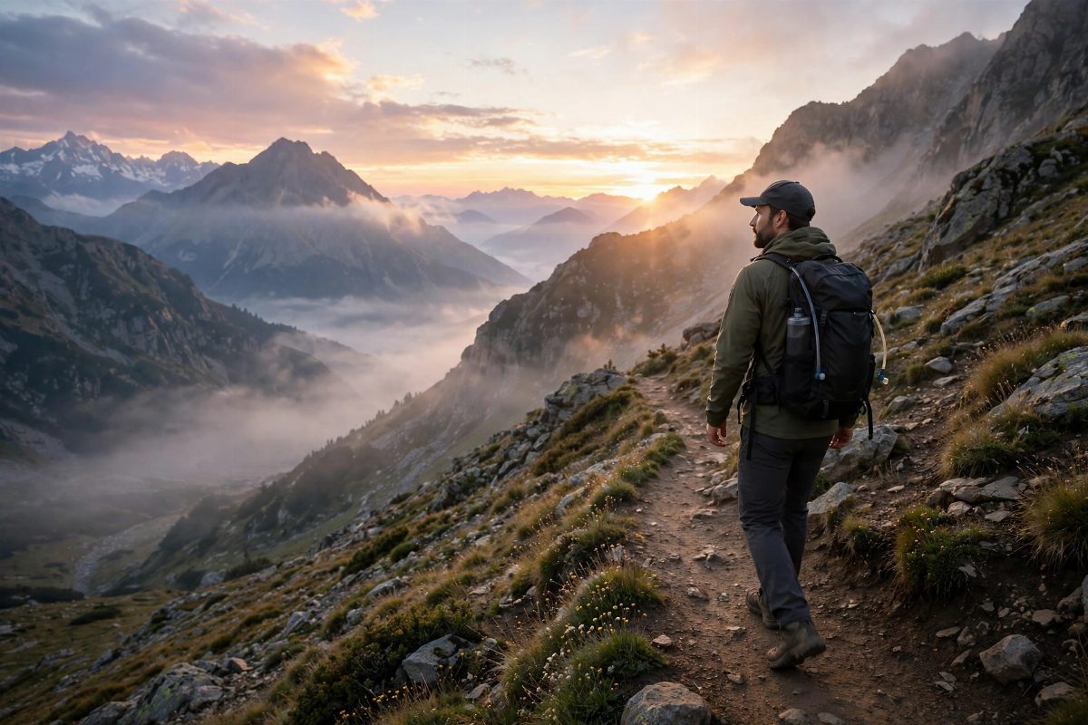 Hiker with backpack on a mountain trail at sunrise
