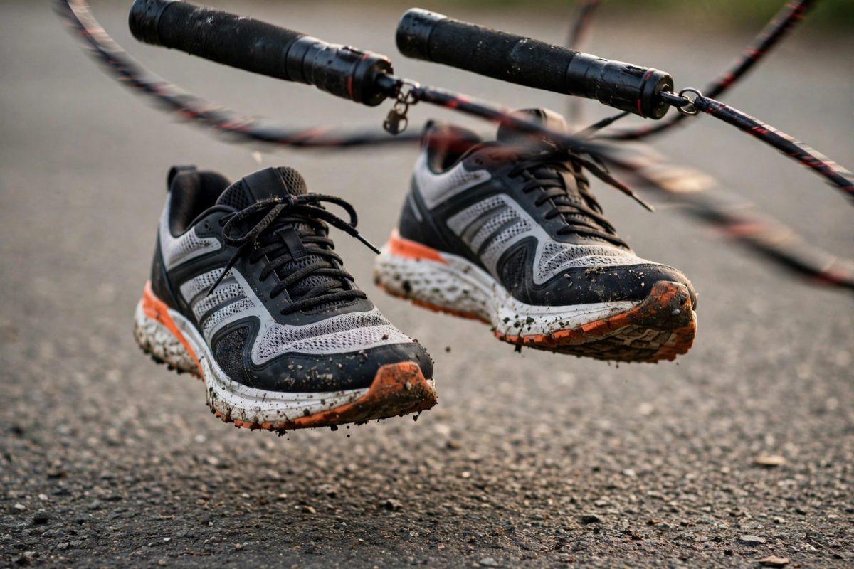 Close-up of jump rope handles and feet mid-jump on pavement