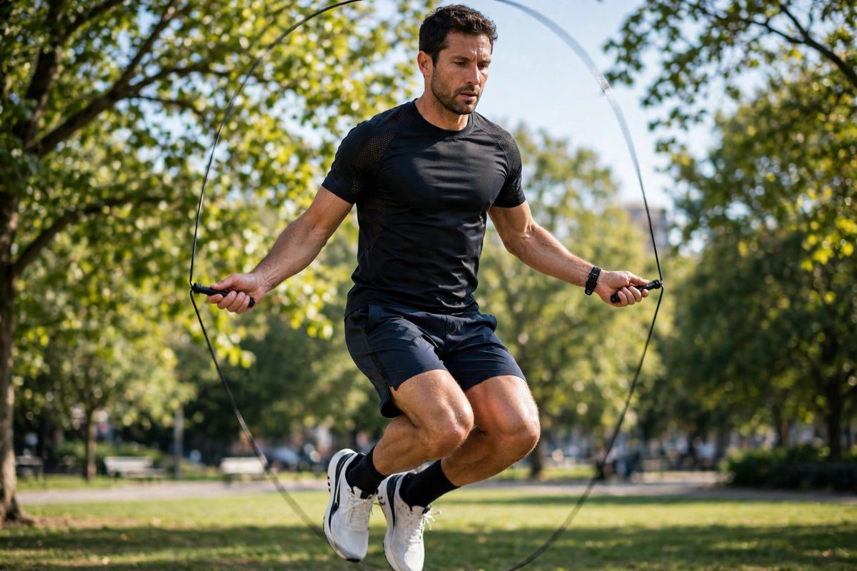 Athlete jumping rope outdoors in a park workout
