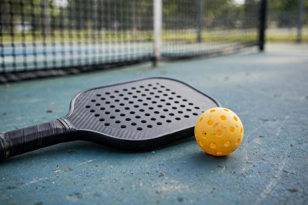 Pickleball paddle and yellow ball resting on a court surface with net behind