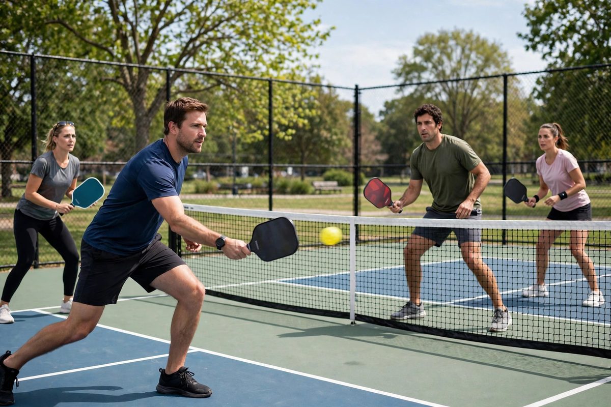 Adults playing pickleball on an outdoor court with paddles and ball in action