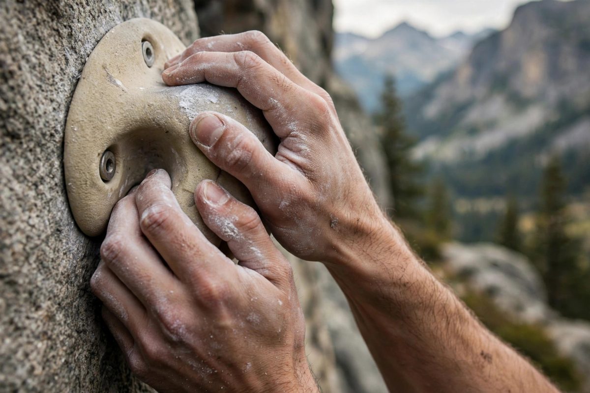 Close-up of chalked hands gripping a climbing hold