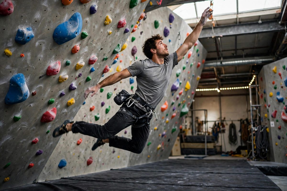 Climber reaching on an indoor climbing wall