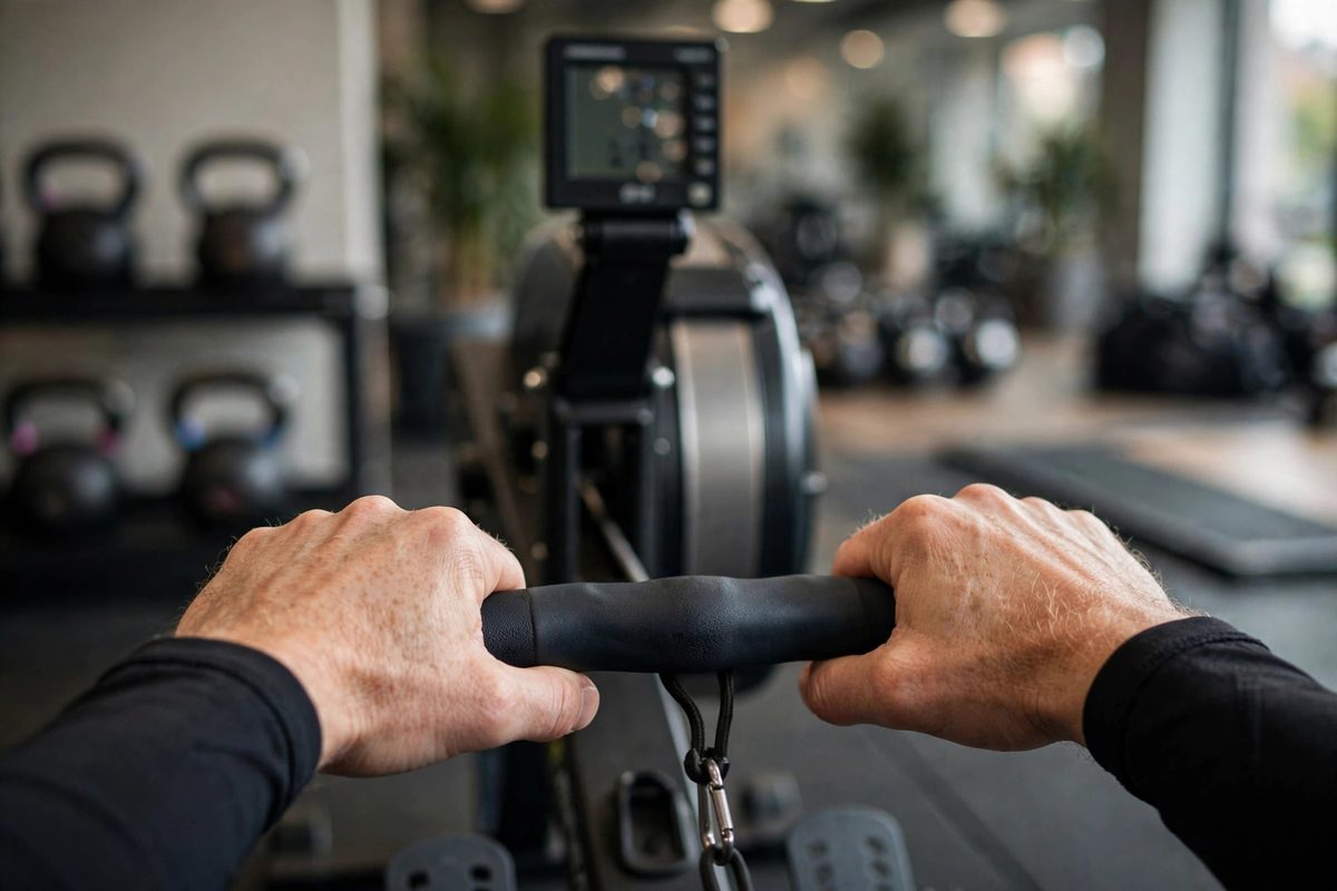 Close-up of hands gripping a rowing machine handle during a workout