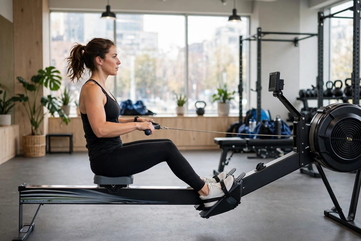 Person rowing on an indoor rowing machine in a gym
