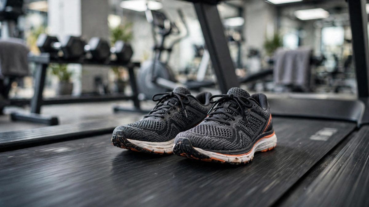 Running shoes on a moving treadmill belt in a gym