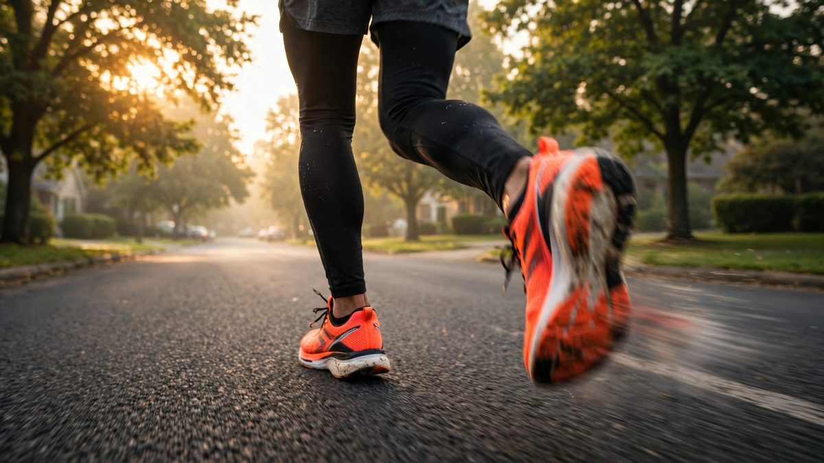 Runner's legs mid-stride on an asphalt road at sunrise