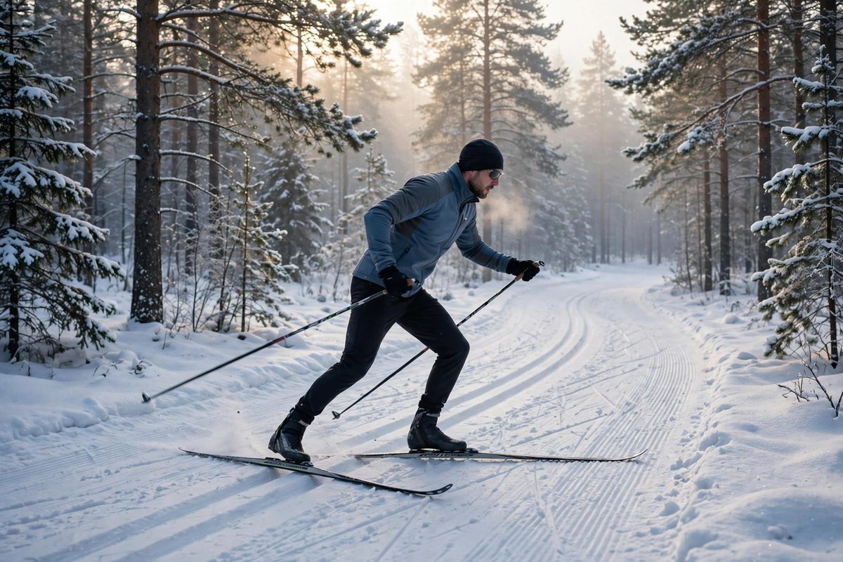 Cross-country skier gliding along a groomed snowy trail through pine trees