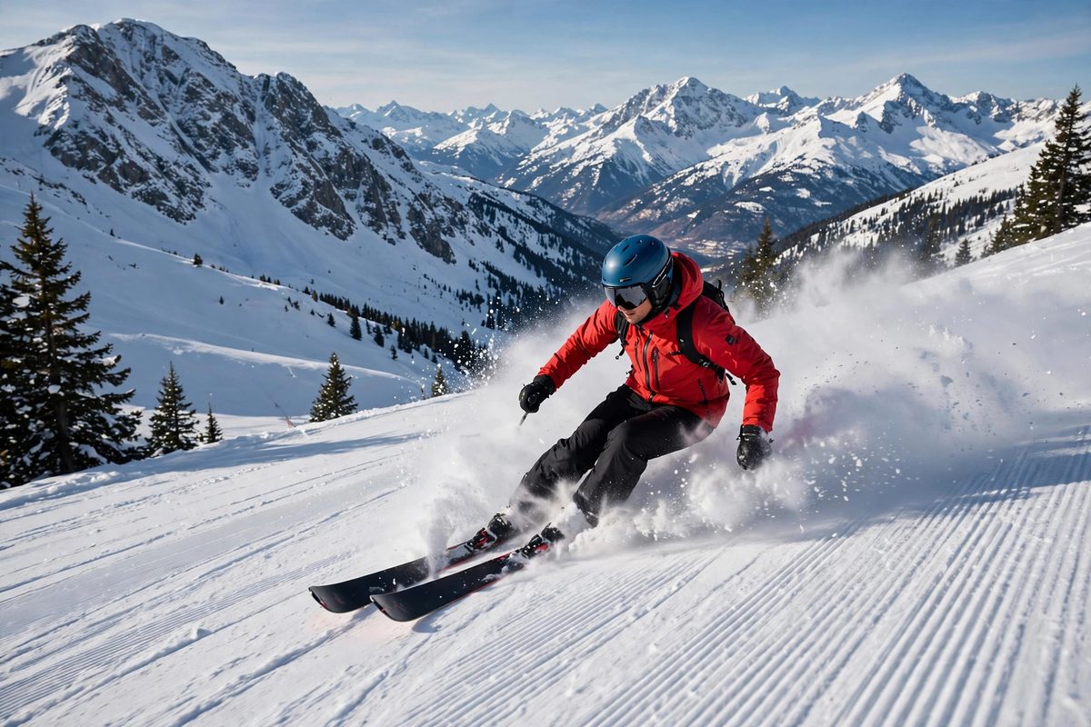 Skier carving down a snowy mountain slope on a sunny winter day