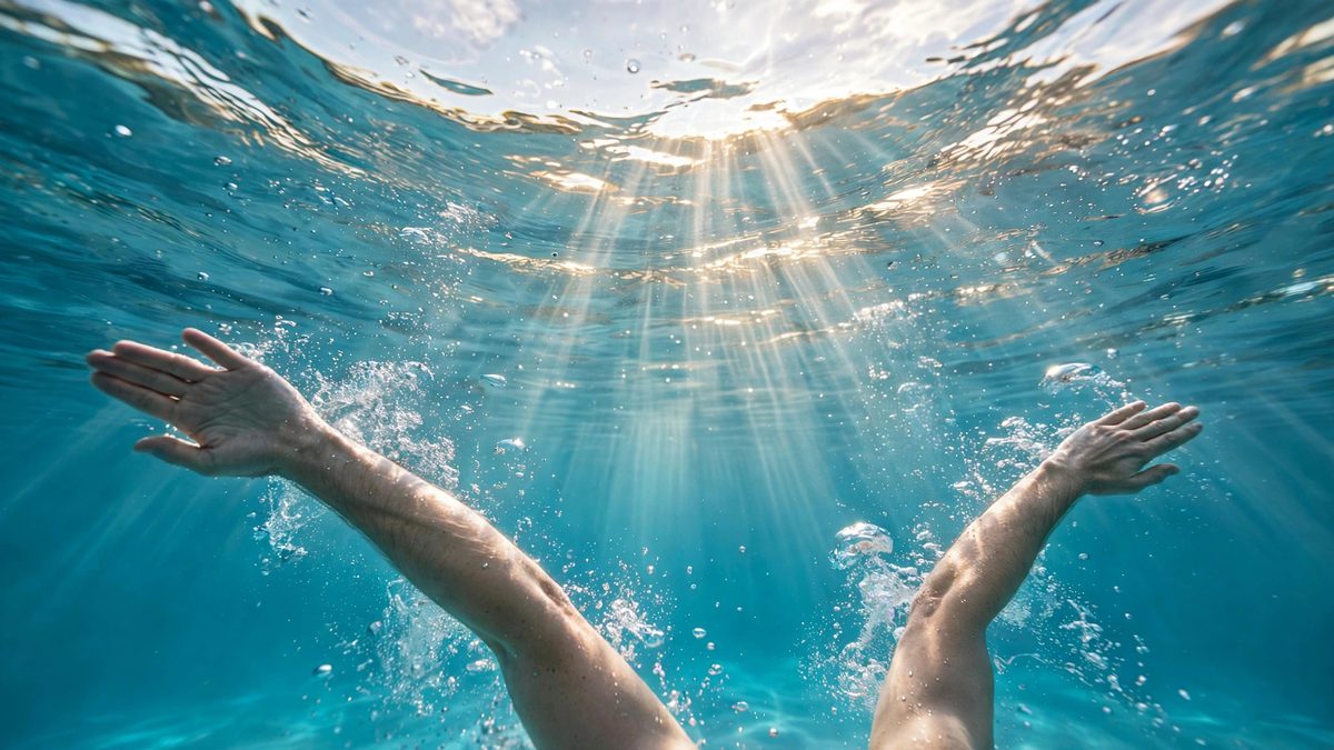 Underwater view of a swimmer's arms sweeping through a breaststroke stroke