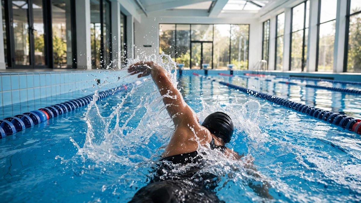 Swimmer mid freestyle stroke in a bright blue lap pool with lane ropes