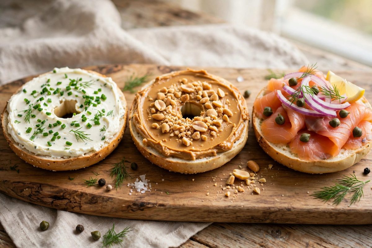 Bagel halves with different spreads including cream cheese and peanut butter