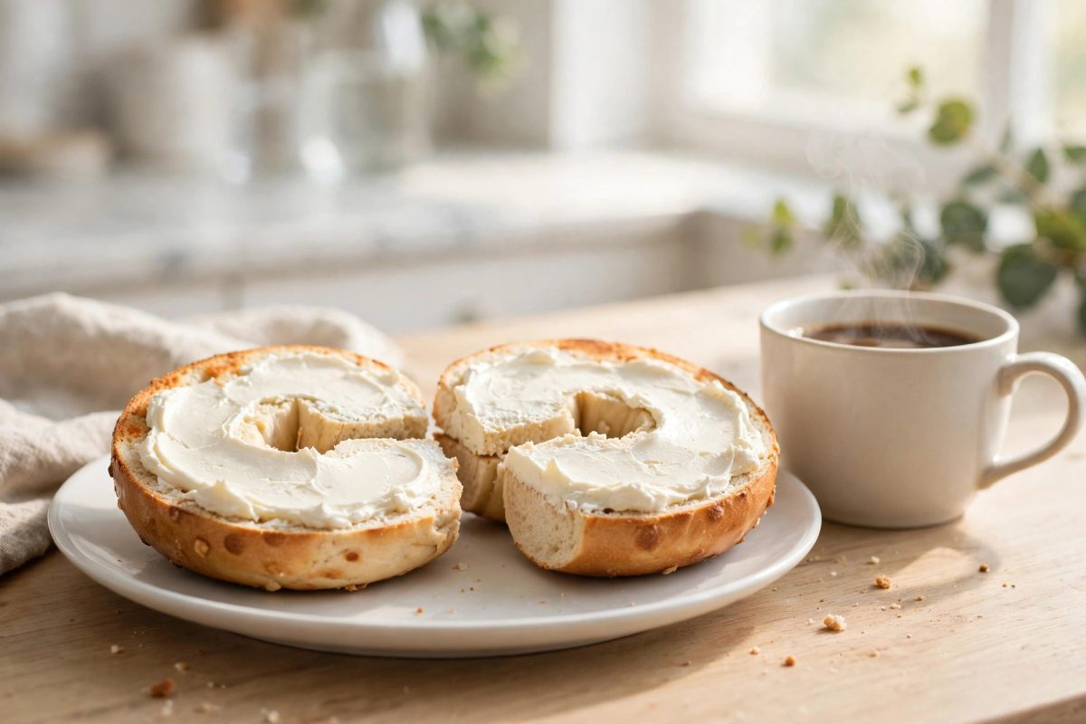 Plain bagel with cream cheese on a breakfast plate, illustrating bagel calorie counts