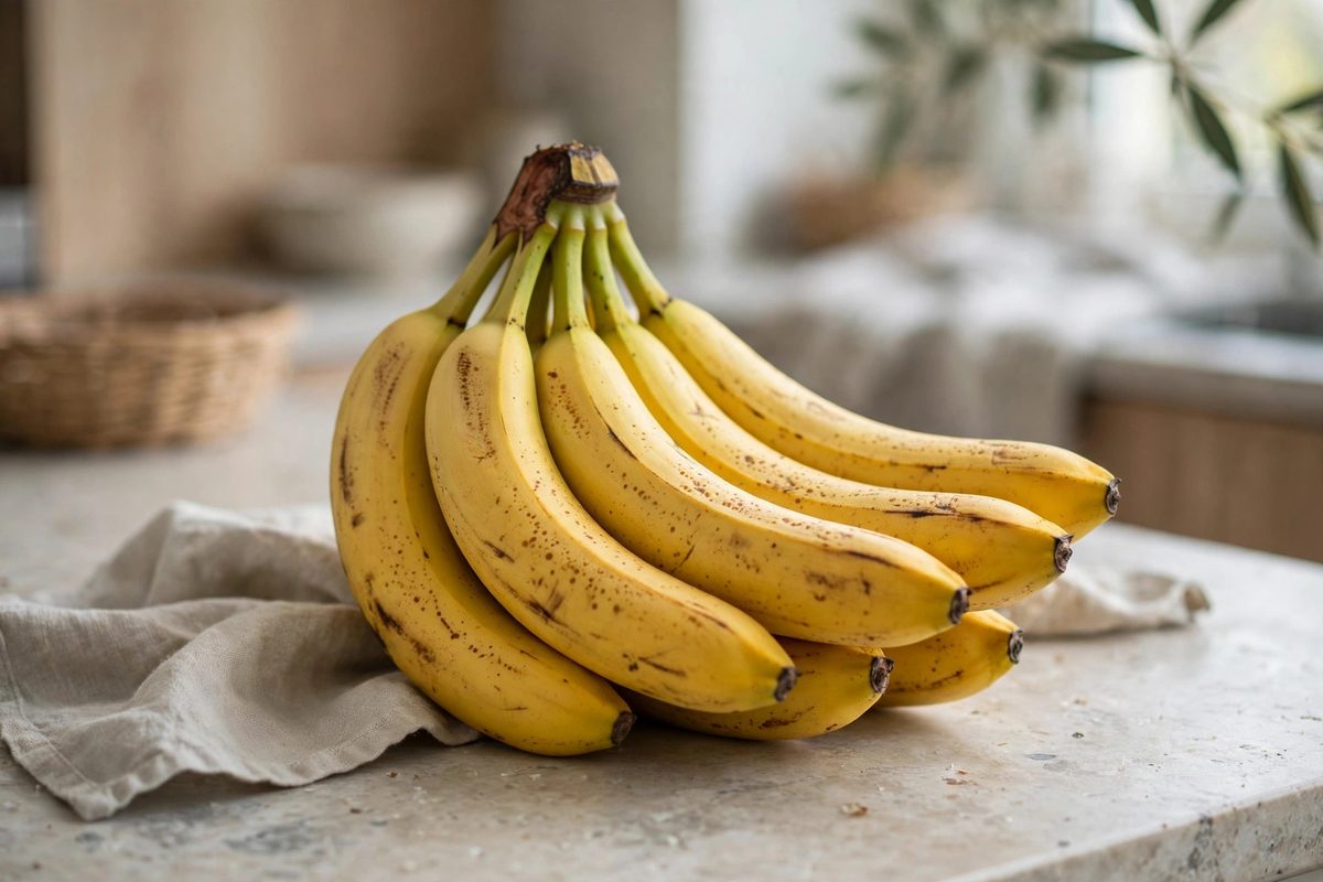 Bunch of ripe yellow bananas on a kitchen counter