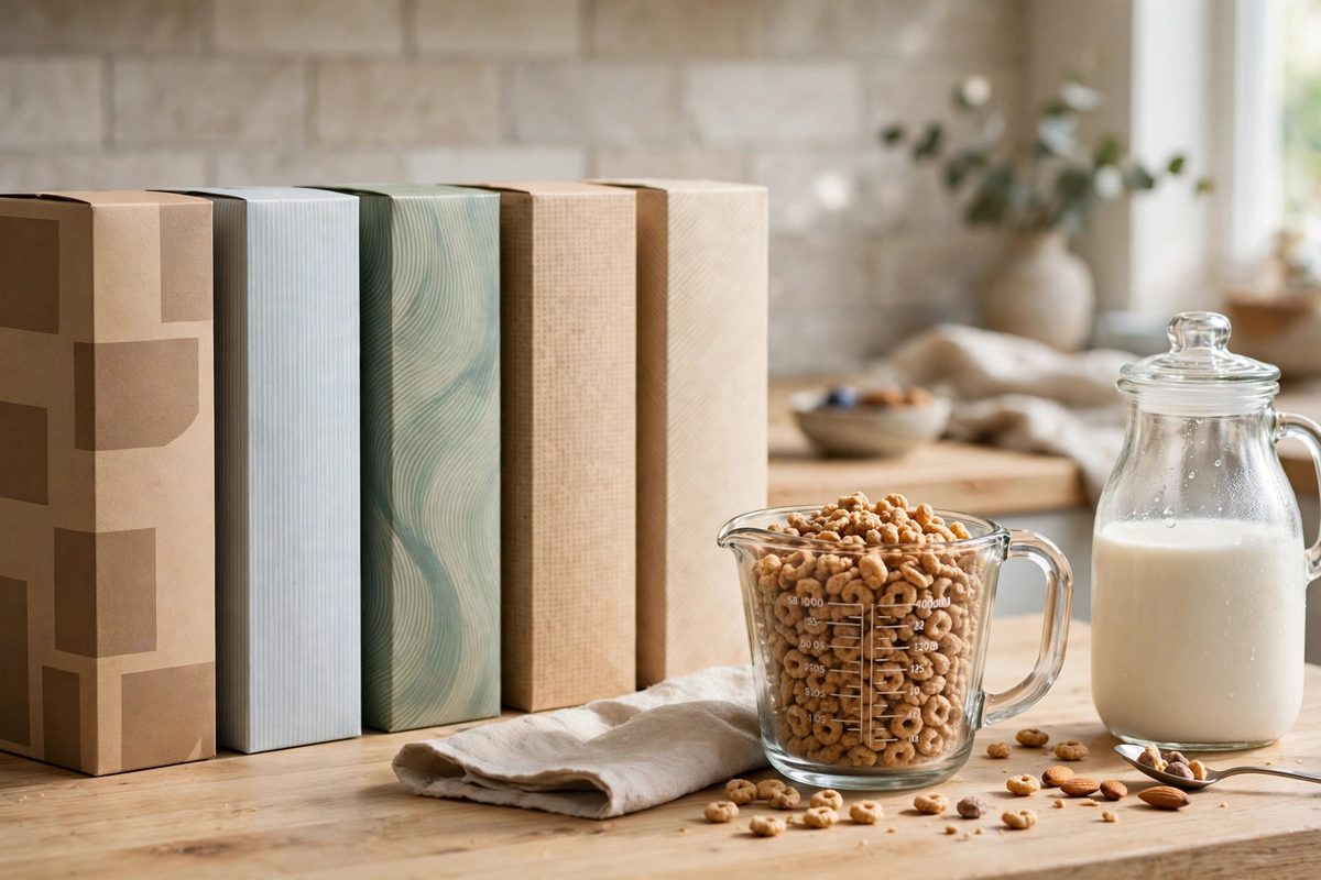 Cereal boxes and a measuring cup of cereal on a kitchen counter showing portion sizes