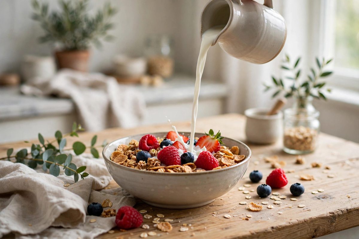 Bowl of breakfast cereal with milk being poured and fresh berries