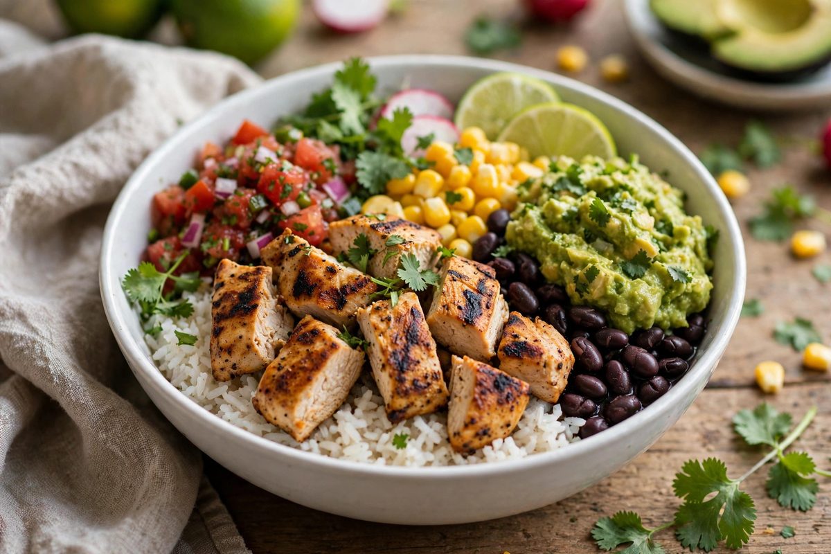 Burrito bowl with grilled chicken, rice, black beans, corn, guacamole and salsa