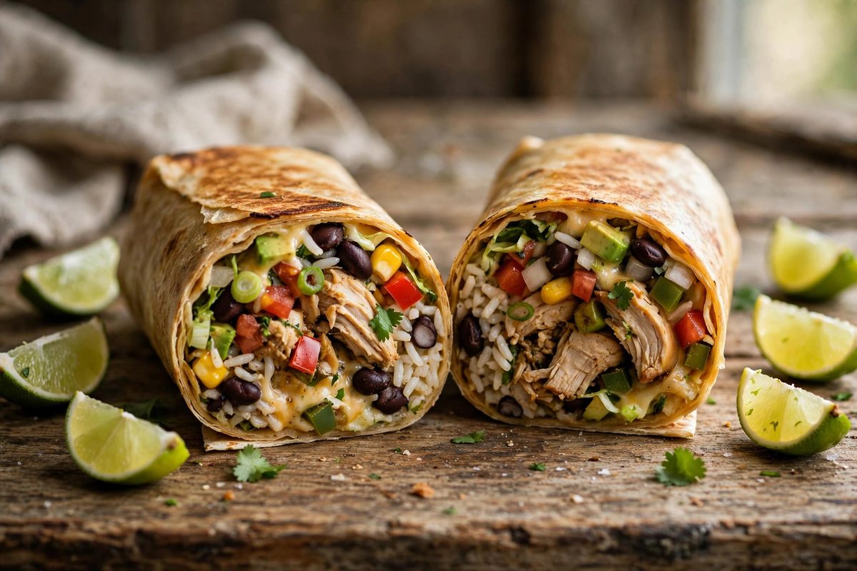Burrito cut in half showing rice, beans, chicken and vegetables filling on a wooden table