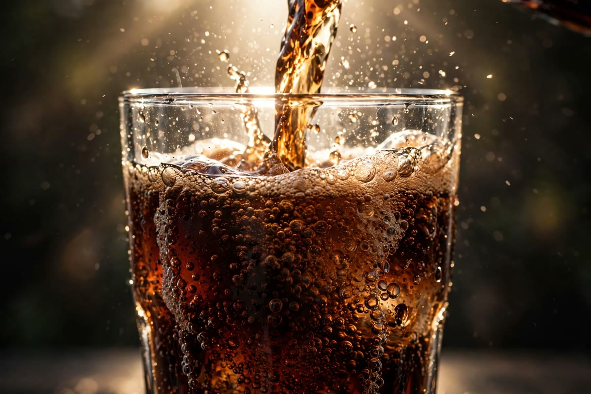 Cola being poured into a glass with fizz and bubbles, showing the sugar content of soda