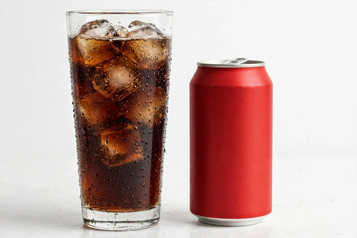 Glass of cola with ice cubes beside a red soda can, illustrating soda calorie counts