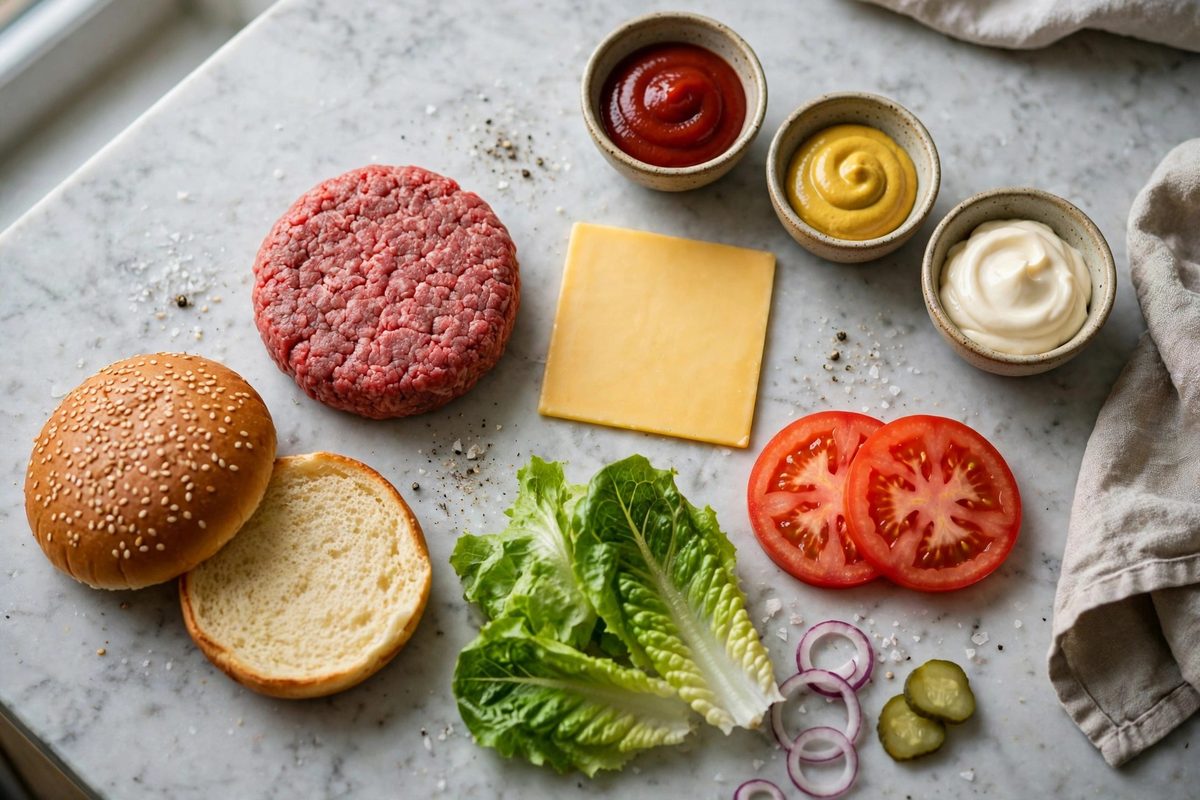 Deconstructed cheeseburger ingredients on a kitchen counter showing patty, cheese slice, bun and sauces