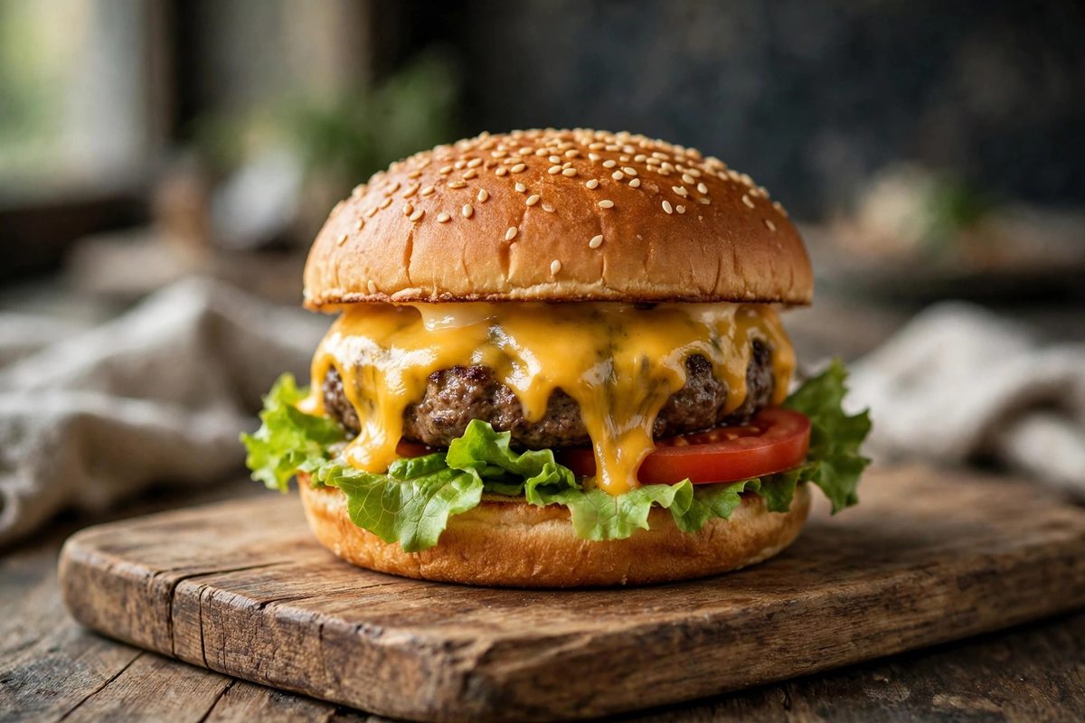 Classic cheeseburger with melted cheese, lettuce and tomato on a wooden board